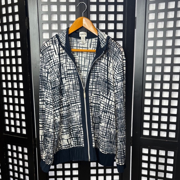 Chico's Jackets & Blazers - 💙 Chico’s Geometric Navy & White Zip Hoodie Jacket Stretch Women’s Size 3 💙